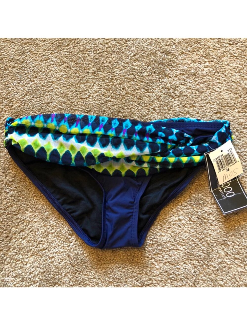 NEW NWT 2BAMBOO Navy Blue Green White Geometric Mesh Waist Boho Bikini Bottom XS
